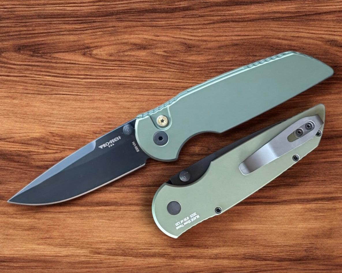 Pro-Tech-Pro-Tech Blade Show Texas Exclusive TR-3 INTEGRITY Manual - Dark Green Handle - Mosaic Pin Button - DLC Black S35vn Blade /120-5-Urban Cutlery