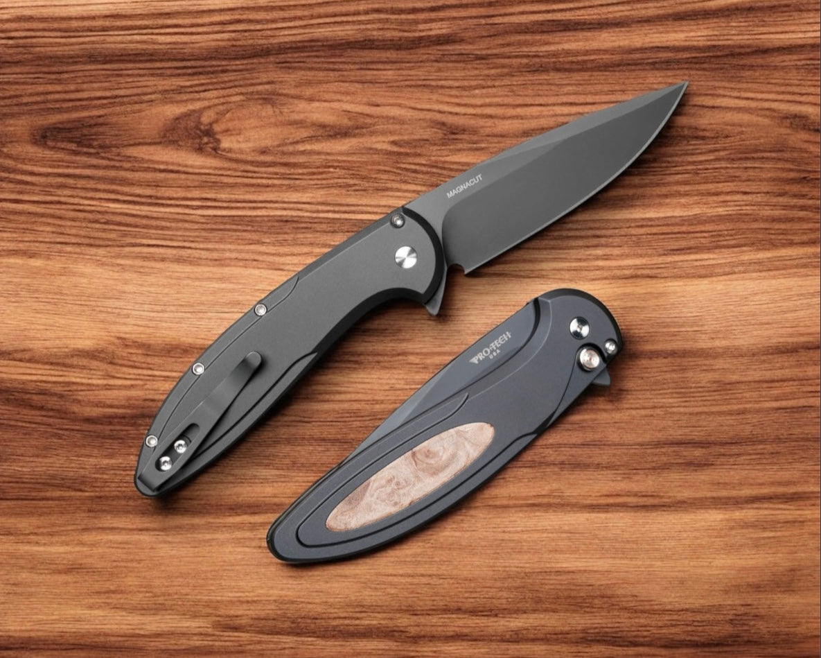 Pro-Tech-Pro-Tech CF2103-LTD Maple Cambria - Black 6061 Aluminum Handles with Maple Burl Inlay - DLC Black MagnaCut Blade - Mosaic Push Button - Satin Hardware-1-Urban Cutlery