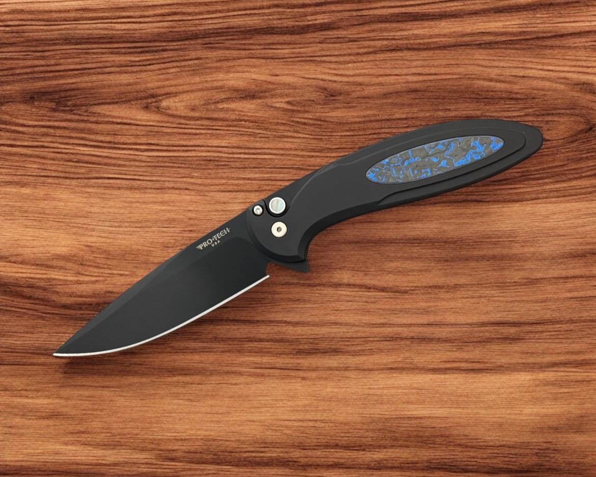 Pro-Tech-Pro-Tech CF2103-LTD.TC.Blue Cambria - Black 6061 Aluminum Handles with TechnoCarbo Blue Inlay - DLC Black Magnacut Blade - Black Lip Button - Satin Hardware-Urban Cutlery