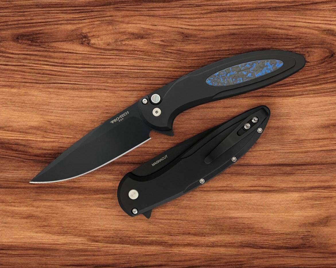 Pro-Tech-Pro-Tech CF2103-LTD.TC.Blue Cambria - Black 6061 Aluminum Handles with TechnoCarbo Blue Inlay - DLC Black Magnacut Blade - Black Lip Button - Satin Hardware-Urban Cutlery
