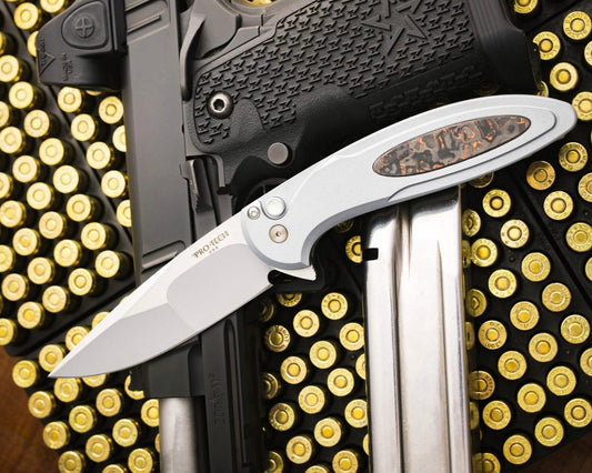 Pro-Tech-Pro-Tech Custom Cambria (2025 Cambria Custom 004) - Grey 6061 Aluminum Handles with TechnoCarbo Copper Inlay - Mike Irie Compound Ground Blade Blade - Black Lip Pearl Button - Satin Hardware /80-Urban Cutlery