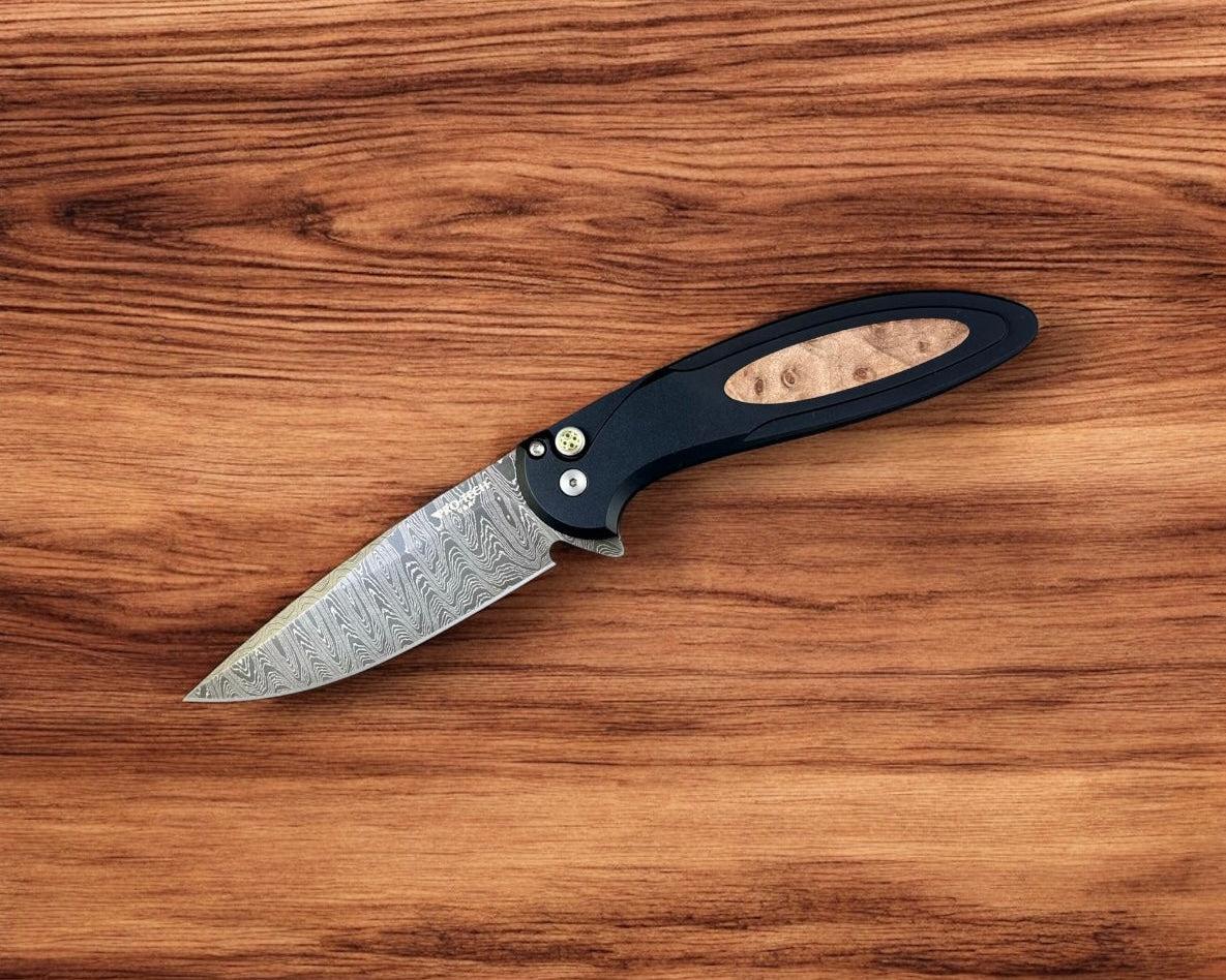 Pro-Tech-Pro-Tech Custom Cambria (2025 Cambria Custom 005) - Black 6061 Aluminum Handles with Custom Maple Burl Inlay - Chad Nichols Ladder Damascus Blade - Mosaic Push Button - Black DLC Titanium Clip /50-Urban Cutlery