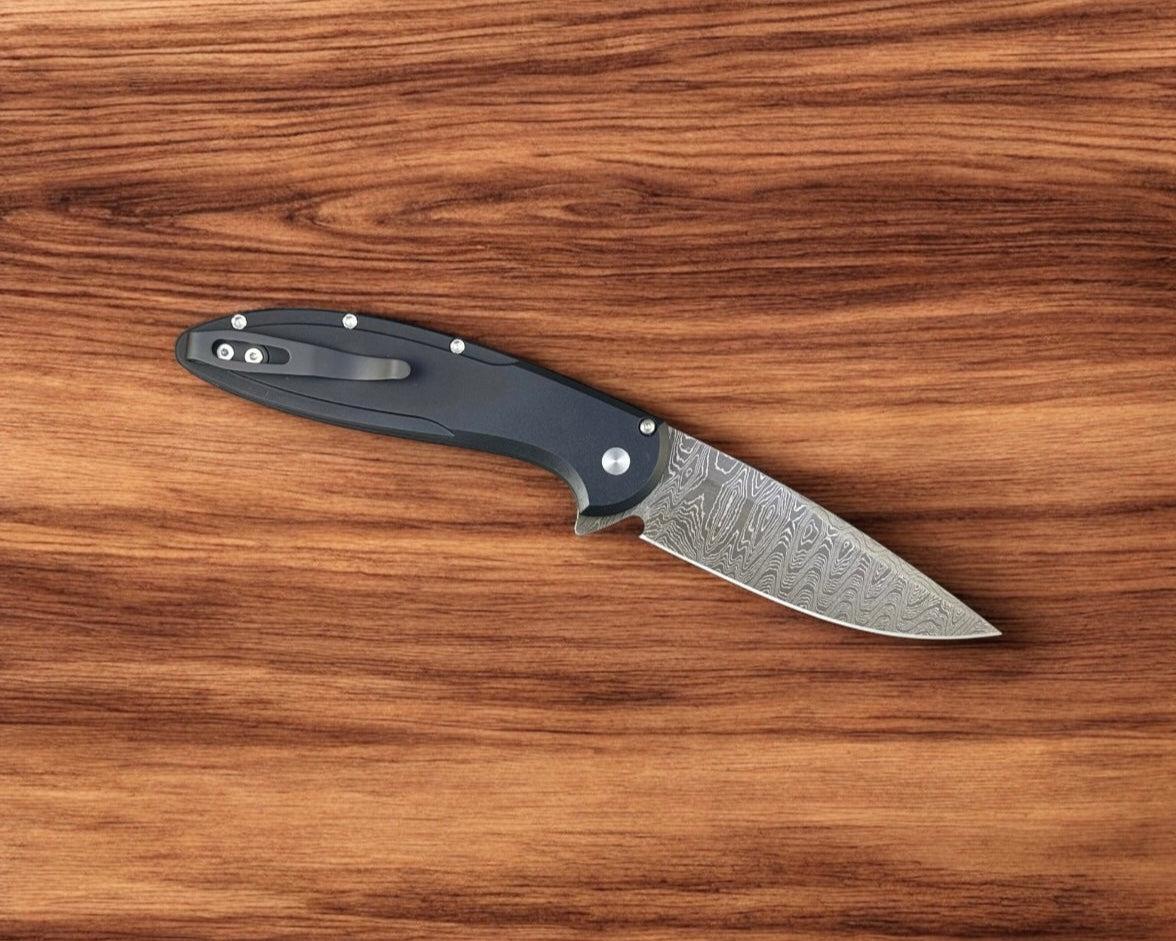 Pro-Tech-Pro-Tech Custom Cambria (2025 Cambria Custom 005) - Black 6061 Aluminum Handles with Custom Maple Burl Inlay - Chad Nichols Ladder Damascus Blade - Mosaic Push Button - Black DLC Titanium Clip /50-Urban Cutlery