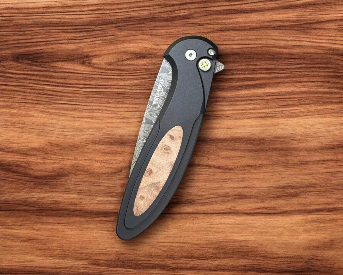 Pro-Tech-Pro-Tech Custom Cambria (2025 Cambria Custom 005) - Black 6061 Aluminum Handles with Custom Maple Burl Inlay - Chad Nichols Ladder Damascus Blade - Mosaic Push Button - Black DLC Titanium Clip /50-Urban Cutlery