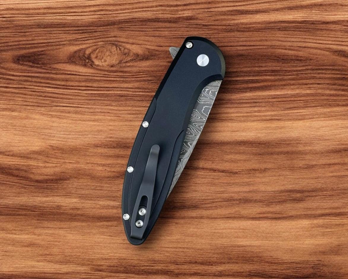Pro-Tech-Pro-Tech Custom Cambria (2025 Cambria Custom 005) - Black 6061 Aluminum Handles with Custom Maple Burl Inlay - Chad Nichols Ladder Damascus Blade - Mosaic Push Button - Black DLC Titanium Clip /50-Urban Cutlery