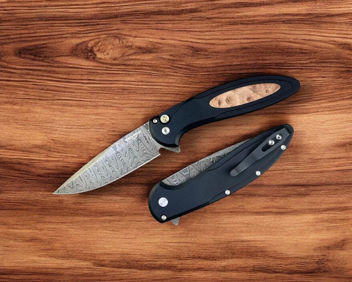 Pro-Tech-Pro-Tech Custom Cambria (2025 Cambria Custom 005) - Black 6061 Aluminum Handles with Custom Maple Burl Inlay - Chad Nichols Ladder Damascus Blade - Mosaic Push Button - Black DLC Titanium Clip /50-Urban Cutlery