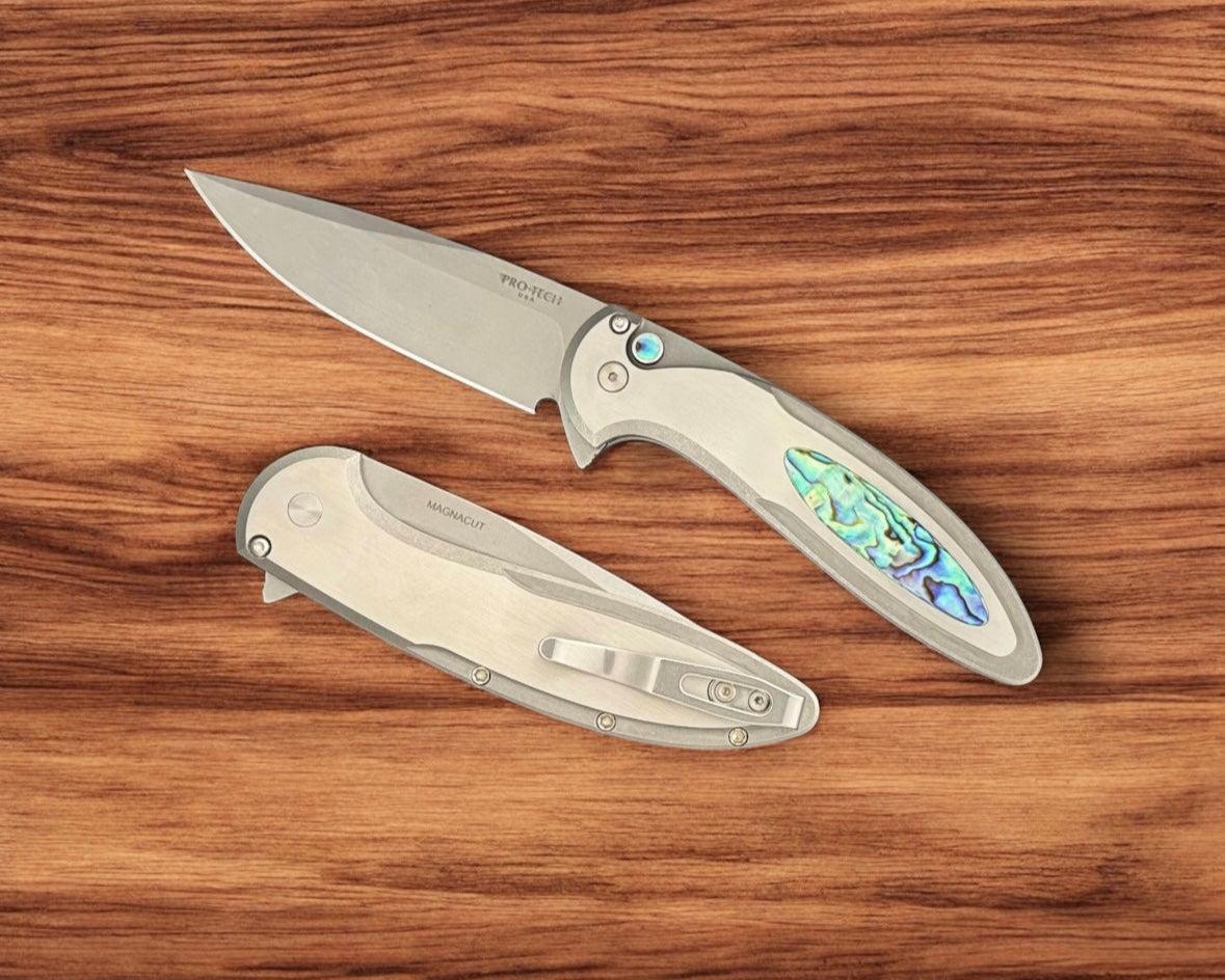 Pro-Tech-Pro-Tech Custom Cambria (2025 Cambria Custom 011) - 2-Tone Blasted/Tumbled 17-4 Steel Handles with Abalone Inlay - Stonewash Magnacut Blade - Abalone Button - Satin Hardware-1-Urban Cutlery
