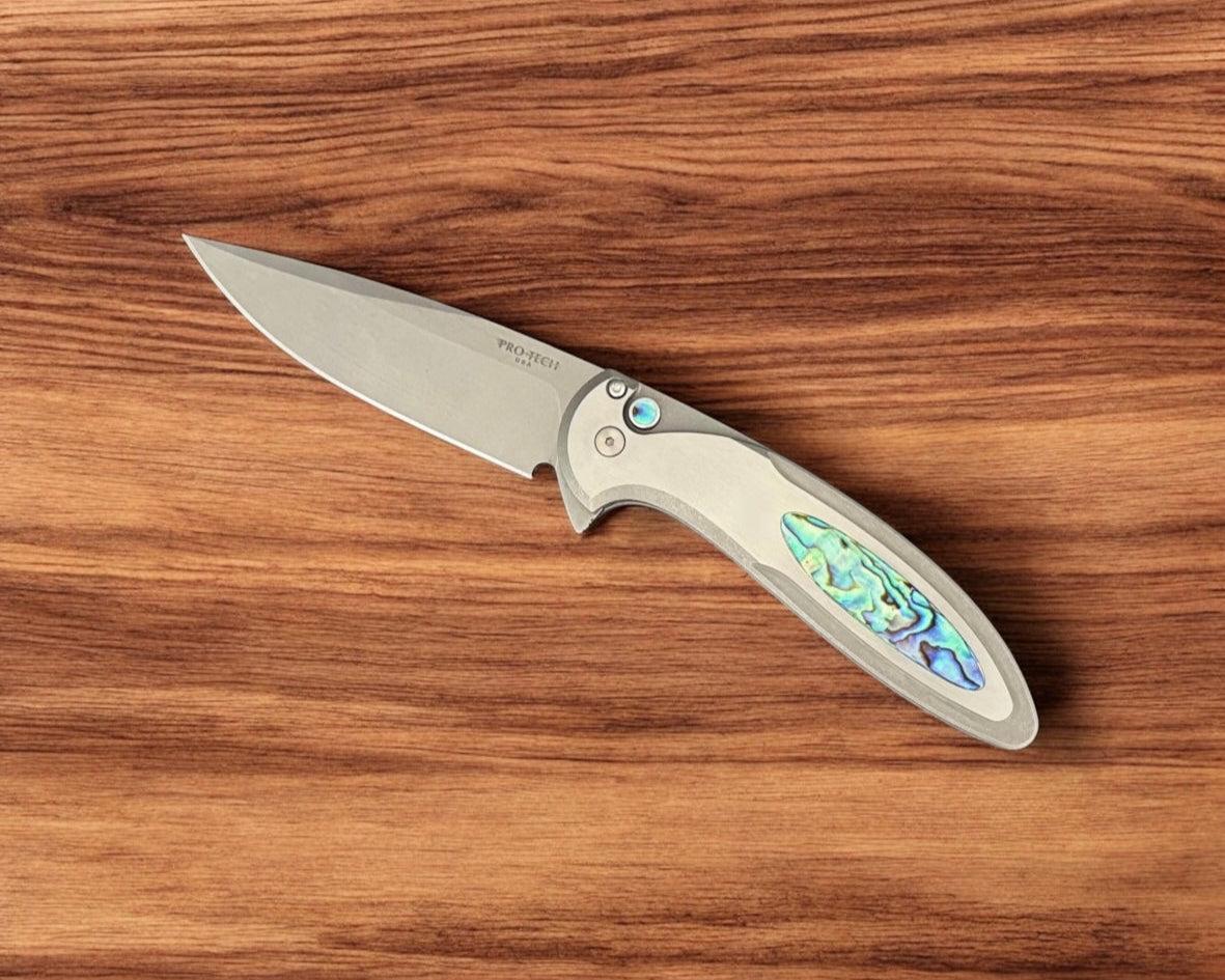 Pro-Tech-Pro-Tech Custom Cambria (2025 Cambria Custom 011) - 2-Tone Blasted/Tumbled 17-4 Steel Handles with Abalone Inlay - Stonewash Magnacut Blade - Abalone Button - Satin Hardware-2-Urban Cutlery