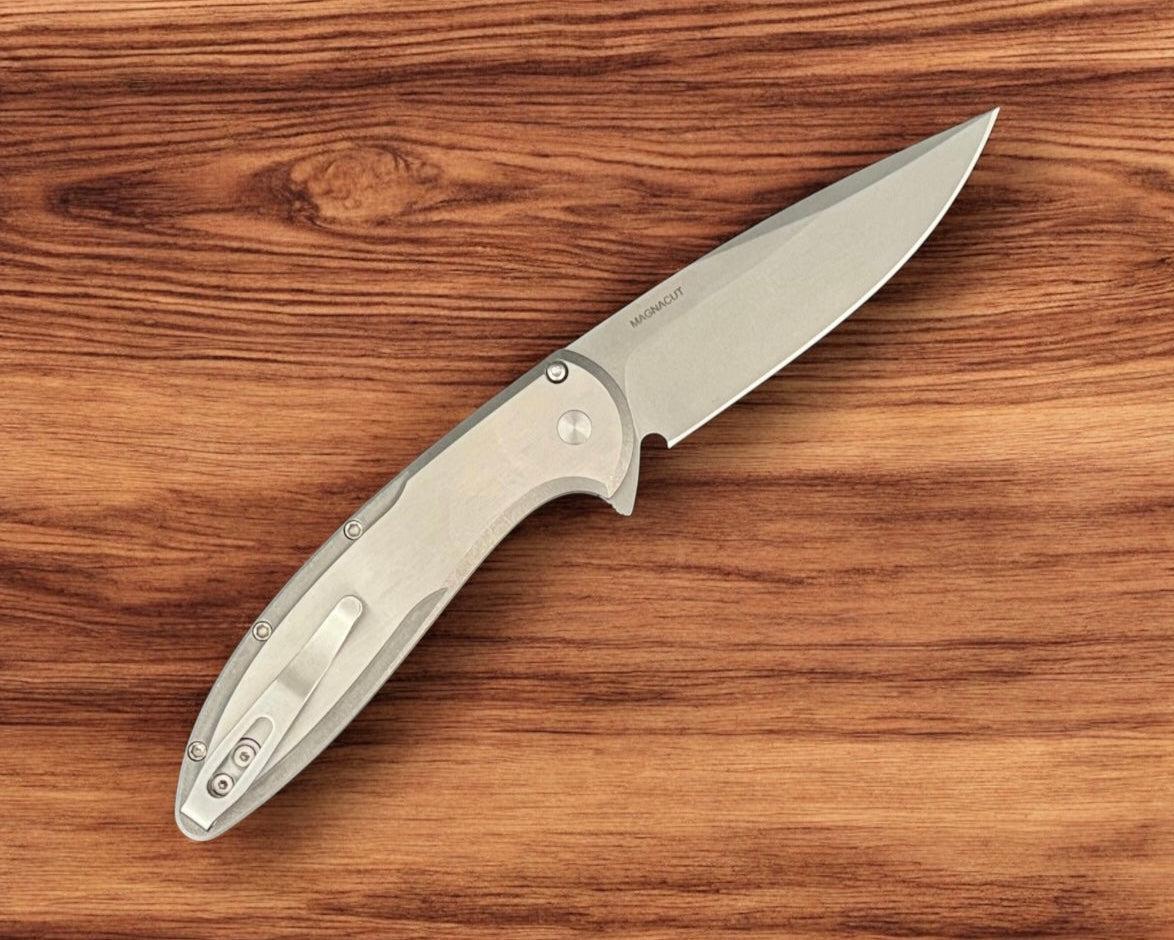 Pro-Tech-Pro-Tech Custom Cambria (2025 Cambria Custom 011) - 2-Tone Blasted/Tumbled 17-4 Steel Handles with Abalone Inlay - Stonewash Magnacut Blade - Abalone Button - Satin Hardware-3-Urban Cutlery