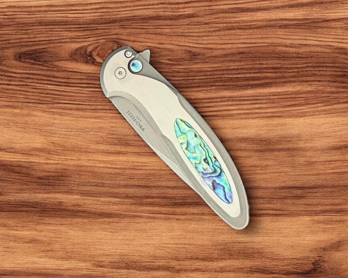 Pro-Tech-Pro-Tech Custom Cambria (2025 Cambria Custom 011) - 2-Tone Blasted/Tumbled 17-4 Steel Handles with Abalone Inlay - Stonewash Magnacut Blade - Abalone Button - Satin Hardware-4-Urban Cutlery