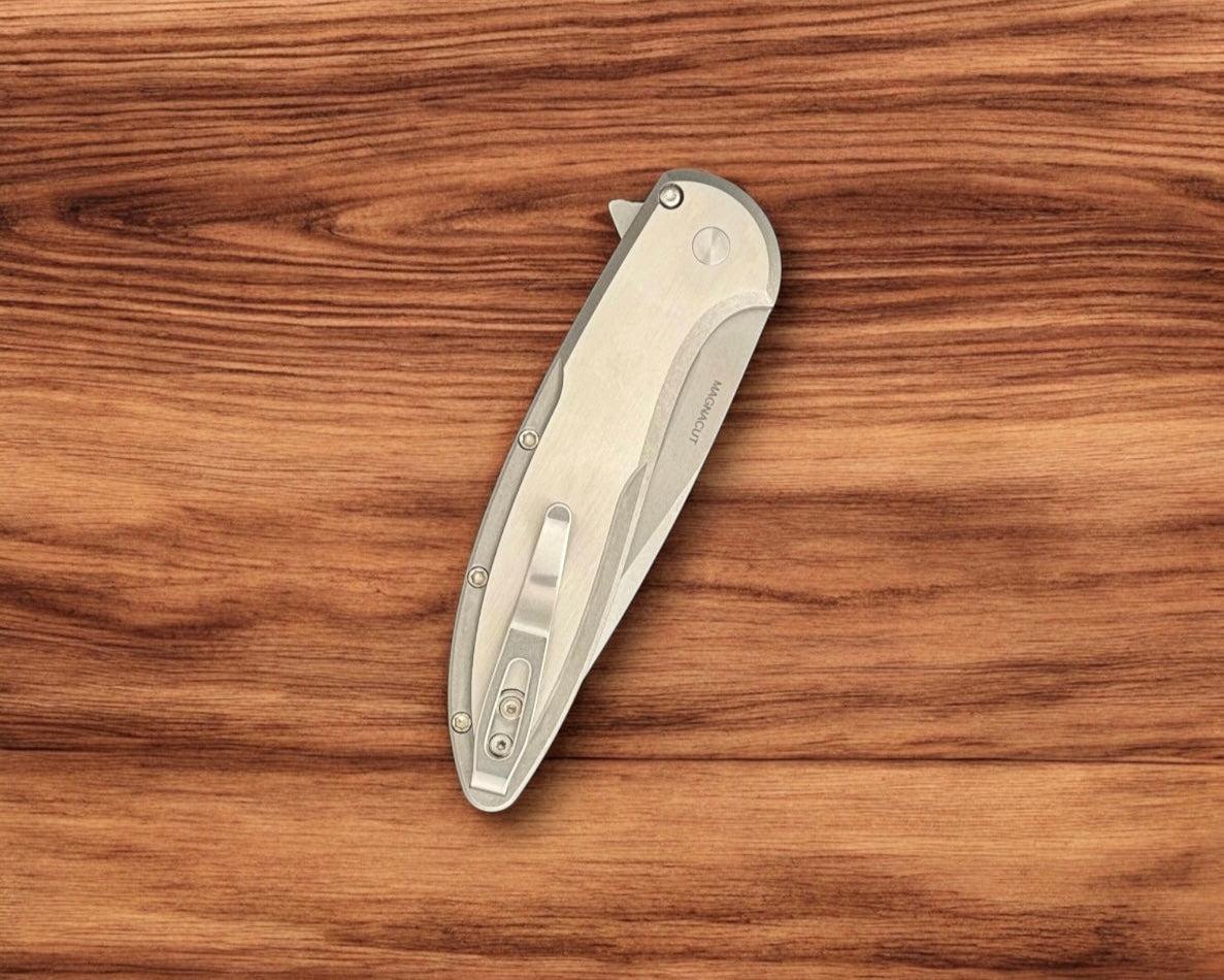 Pro-Tech-Pro-Tech Custom Cambria (2025 Cambria Custom 011) - 2-Tone Blasted/Tumbled 17-4 Steel Handles with Abalone Inlay - Stonewash Magnacut Blade - Abalone Button - Satin Hardware-5-Urban Cutlery