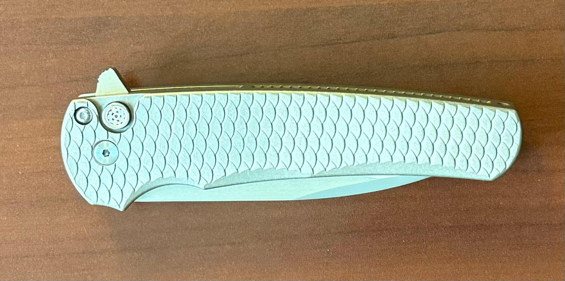 Pro-Tech-Pro-Tech Custom Malibu Blade Show Atlanta 2024 Exclusive Malibu - Distressed A1Bronze "Dragon Scale" Handle - Mike Irie Compound Hand Ground Mirror Polish Wharncliffe Blade - Mosaic Pin Push Button - Blue Titanium Clip /40-Urban Cutlery