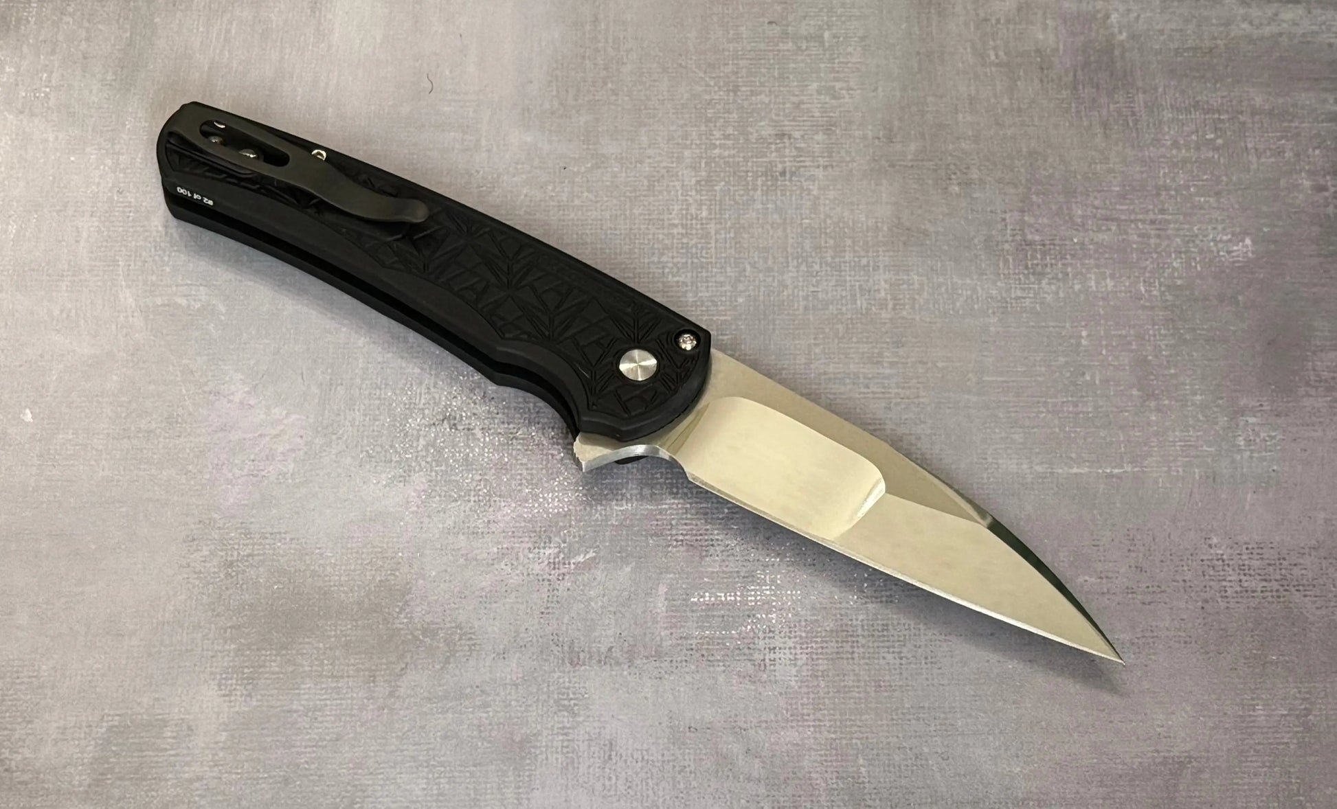Pro-Tech-Pro-Tech Custom Malibu Nexus (2024 Malibu Custom 001) - 25 Year Anniversary Pattern Milled Handle - Mike Irie Compound Hand Ground Mirror Polish Wharncliffe Blade - Black Pearl Inlaid Push Button - Black DLC Titanium Clip /100-Urban Cutlery
