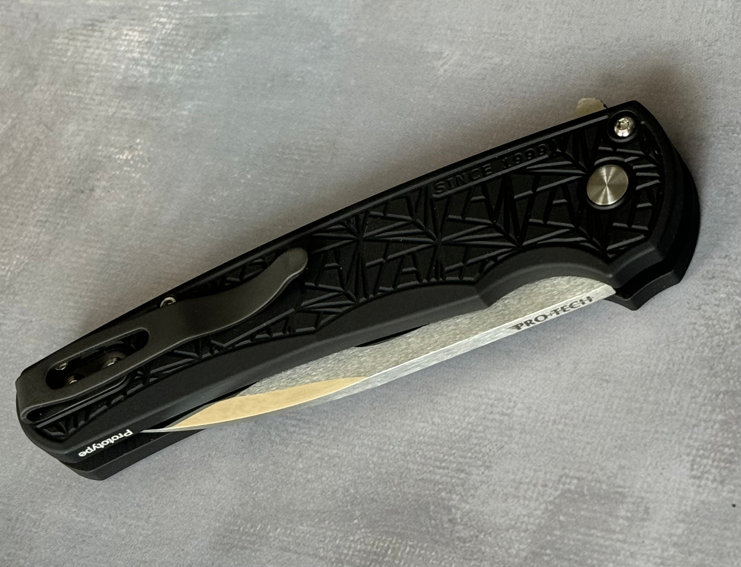 Pro-Tech-Pro-Tech Custom Malibu Nexus (2024 Malibu Custom 001) - 25 Year Anniversary Pattern Milled Handle - Mike Irie Compound Hand Ground Mirror Polish Wharncliffe Blade - Black Pearl Inlaid Push Button - Black DLC Titanium Clip /100 "Prototype"-4-Urban Cutlery