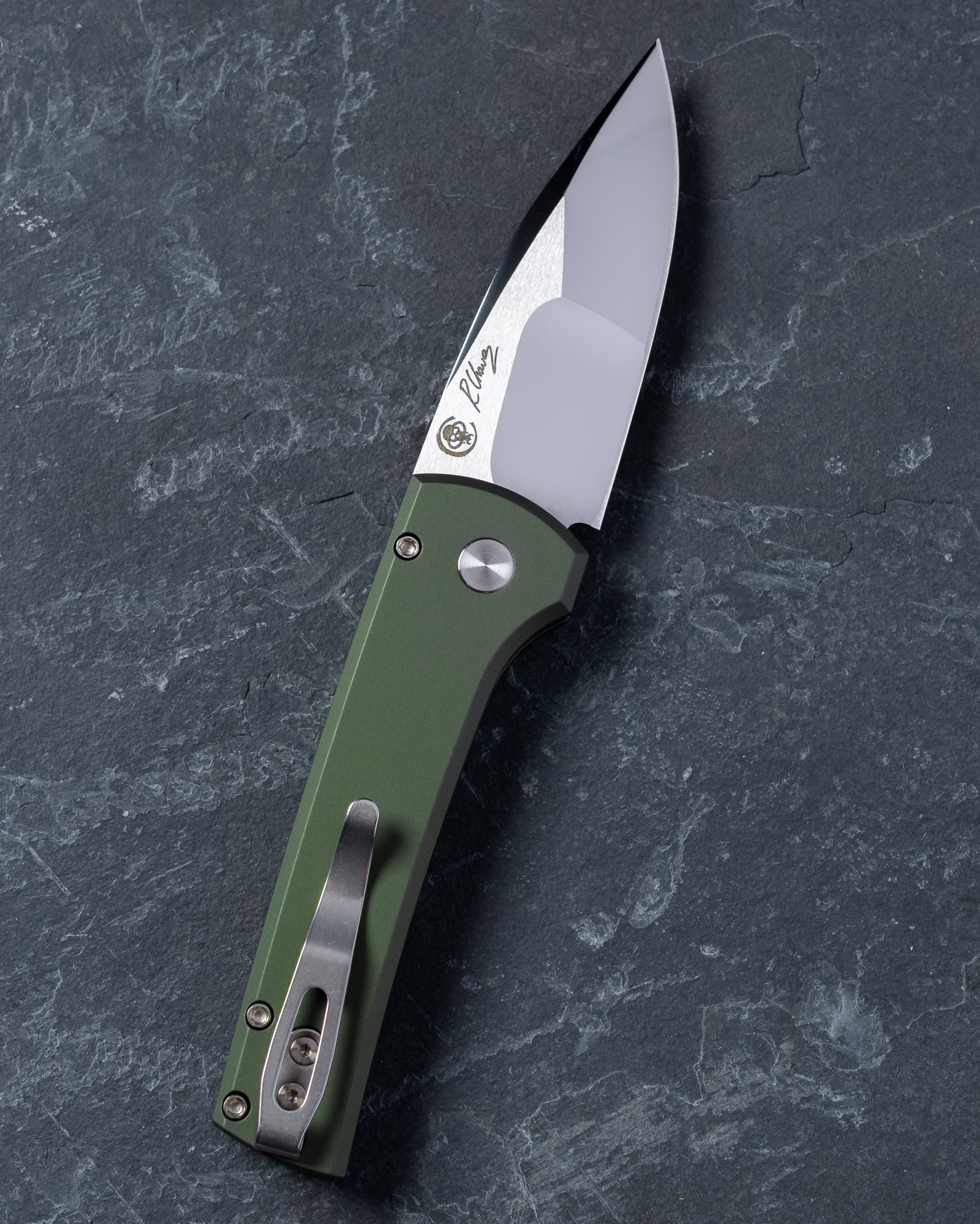 Pro-Tech-Pro-Tech Custom Scapegoat (2026 Scapegoat Compact Custom 003) Auto - Green Handle - Mike Irie Compound Ground Mirror Polish 154CM Blade - Black Lip Pearl Button-3-Urban Cutlery