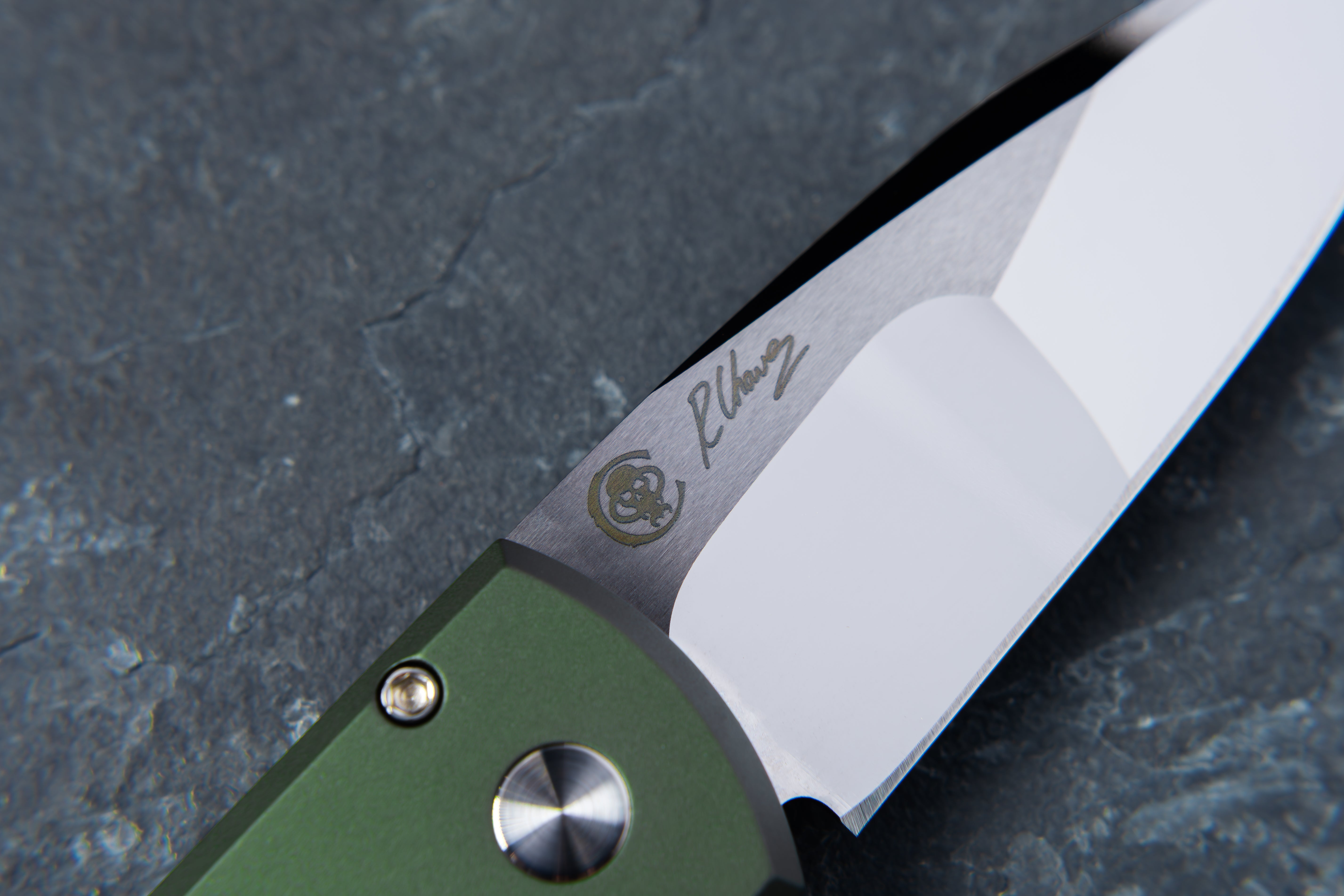 Pro-Tech-Pro-Tech Custom Scapegoat (2026 Scapegoat Compact Custom 003) Auto - Green Handle - Mike Irie Compound Ground Mirror Polish 154CM Blade - Black Lip Pearl Button-4-Urban Cutlery