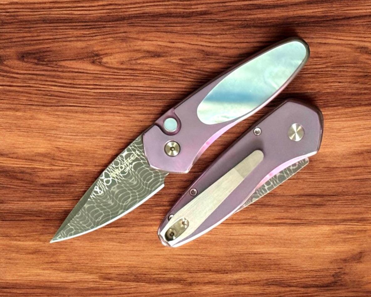 Pro-Tech-Pro-Tech Custom Sprint Spirograph Damascus, Purple Ti, MOP Inlay-1-Urban Cutlery