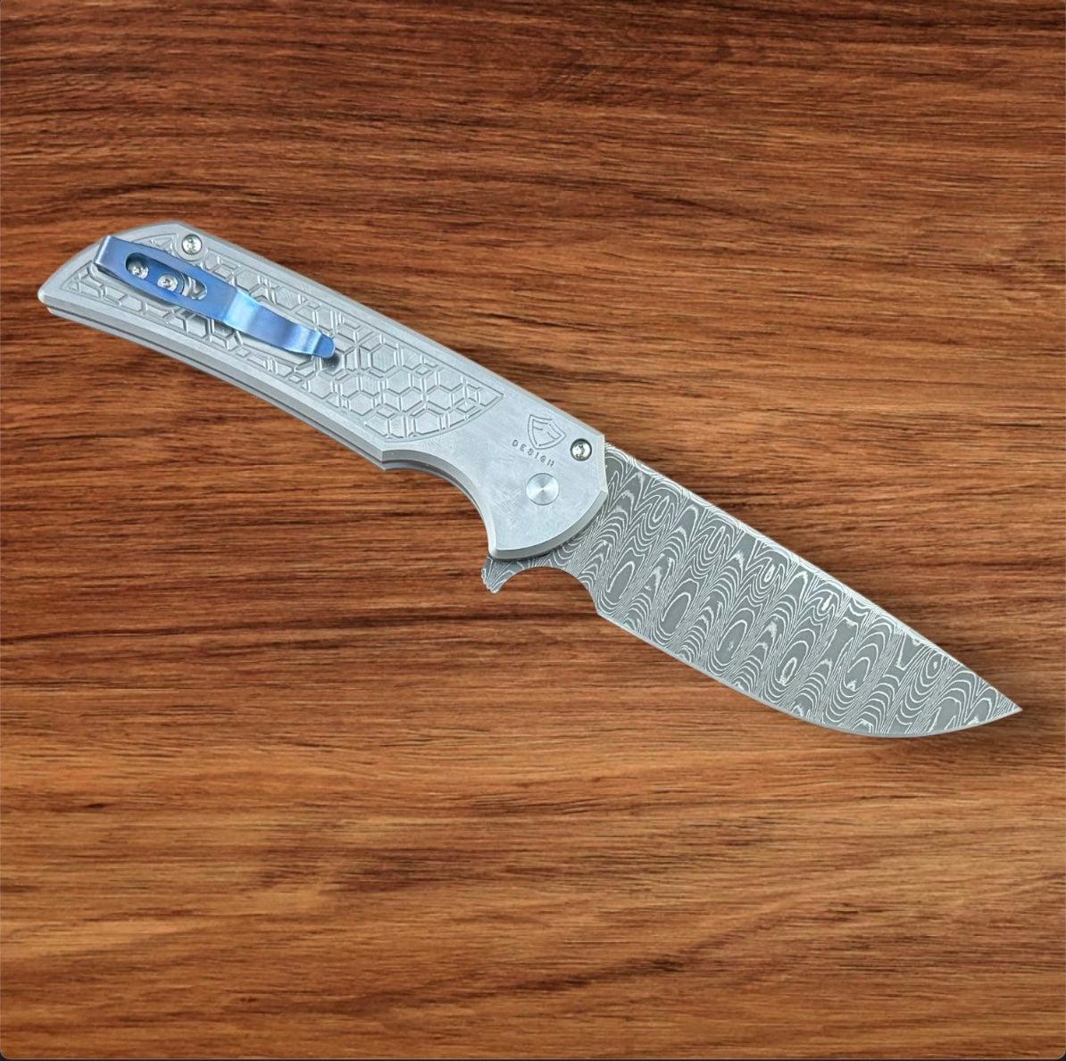 Pro-Tech-Pro-Tech Custom Steel Gridlock Mordax 003 - "Gridlock" Handle - Vegas Forge "Sharks Tooth" Damascus Blade - Black Lip Pearl Push Button - Mini Deep Carry Clip-2-Urban Cutlery