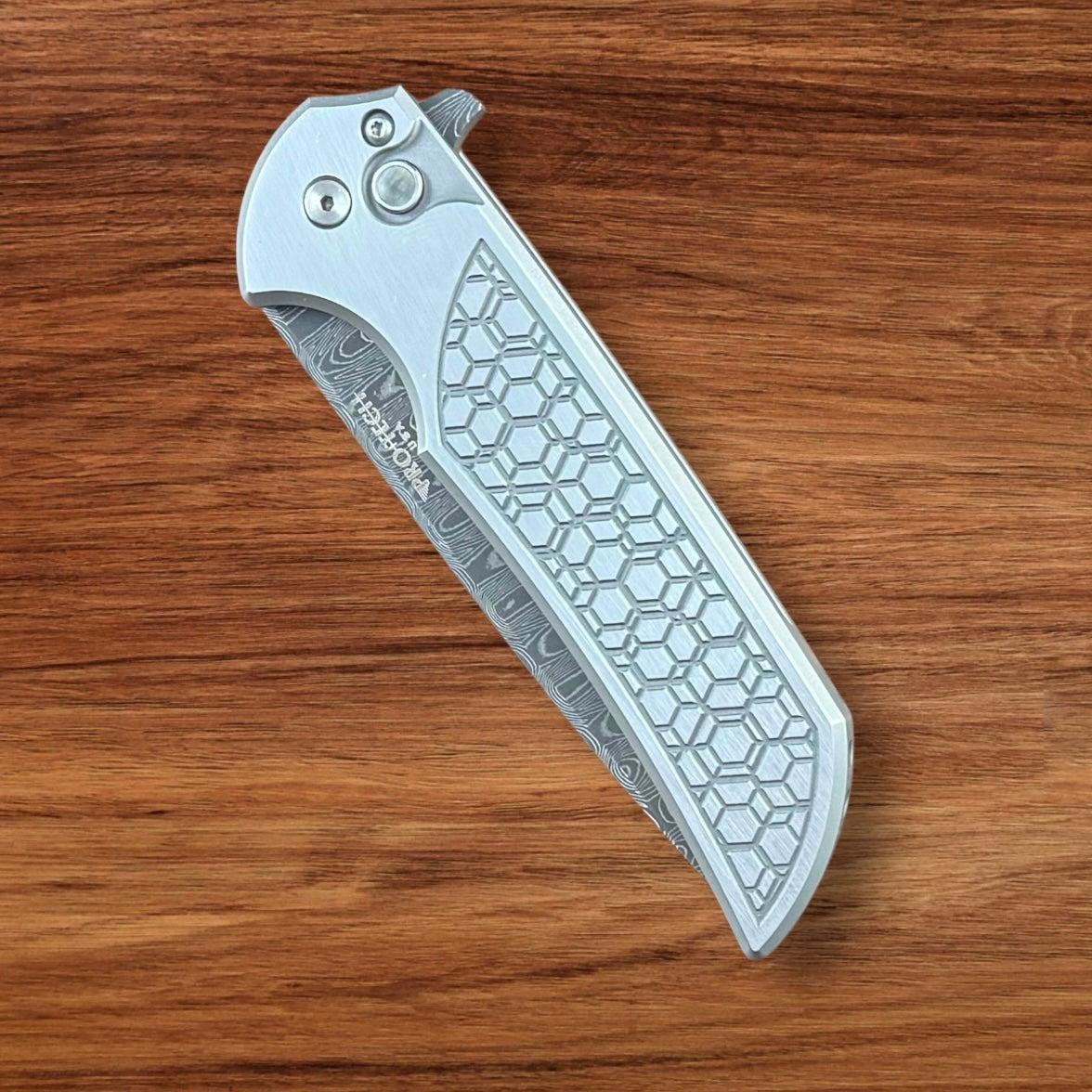 Pro-Tech-Pro-Tech Custom Steel Gridlock Mordax 003 - "Gridlock" Handle - Vegas Forge "Sharks Tooth" Damascus Blade - Black Lip Pearl Push Button - Mini Deep Carry Clip-5-Urban Cutlery