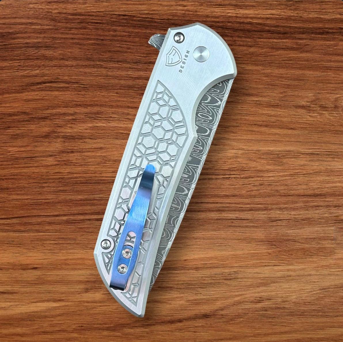 Pro-Tech-Pro-Tech Custom Steel Gridlock Mordax 003 - "Gridlock" Handle - Vegas Forge "Sharks Tooth" Damascus Blade - Black Lip Pearl Push Button - Mini Deep Carry Clip-6-Urban Cutlery