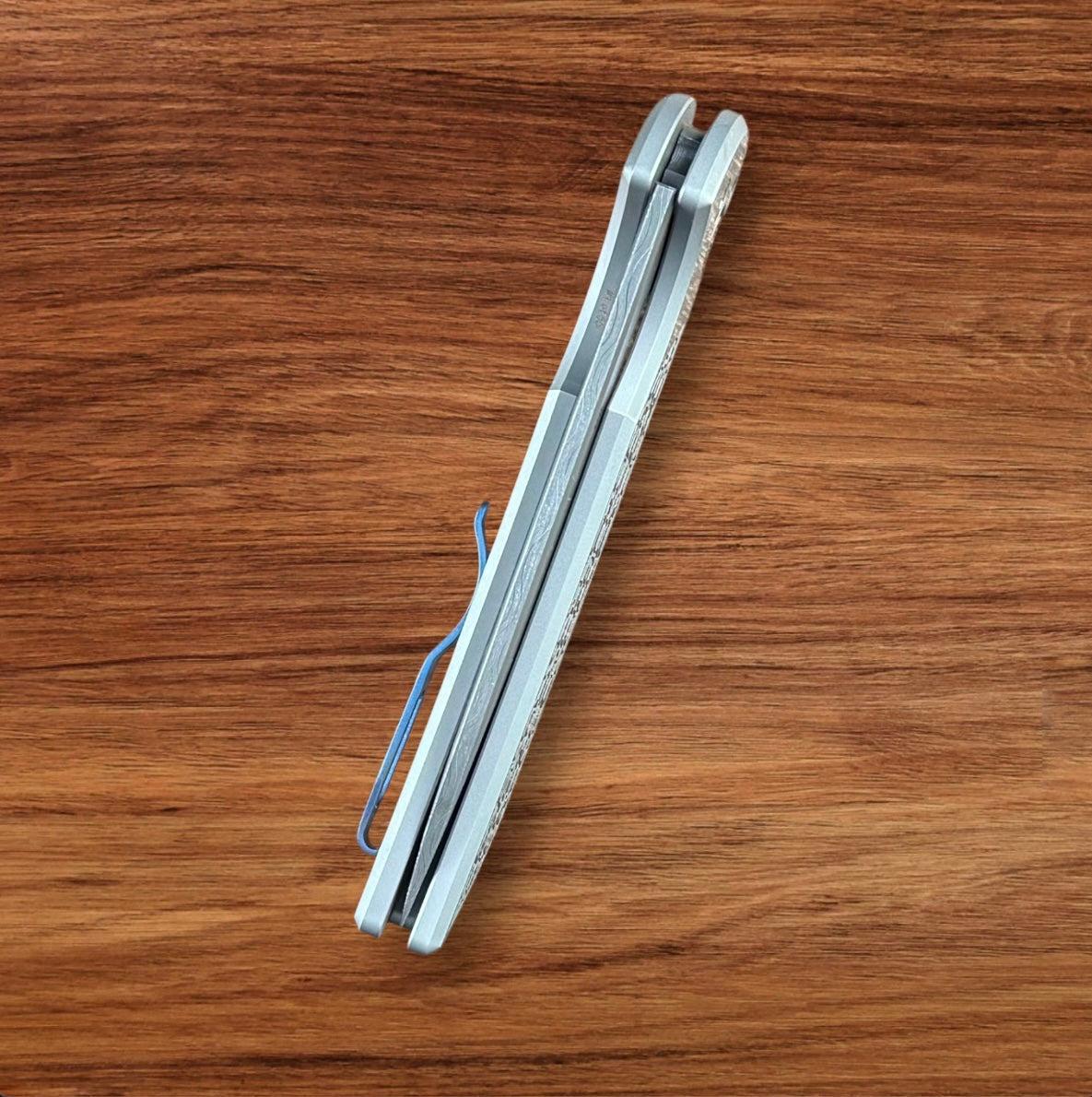 Pro-Tech-Pro-Tech Custom Steel Gridlock Mordax 003 - "Gridlock" Handle - Vegas Forge "Sharks Tooth" Damascus Blade - Black Lip Pearl Push Button - Mini Deep Carry Clip-8-Urban Cutlery