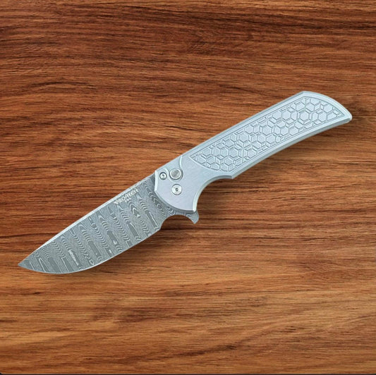 Pro-Tech-Pro-Tech Custom Steel Gridlock Mordax 003 - "Gridlock" Handle - Vegas Forge "Sharks Tooth" Damascus Blade - Black Lip Pearl Push Button - Mini Deep Carry Clip-Urban Cutlery