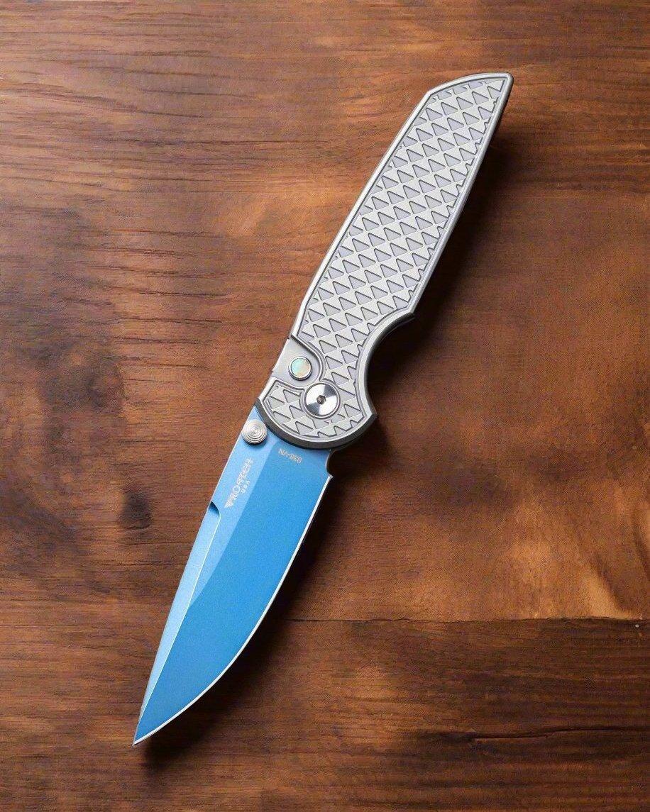 Pro-Tech-Pro-Tech Custom Steel TR-3 INTEGRITY Manual 003 - Relic Textured Blasted/Stonewashed 17-4 Steel Handle - Sapphire Blue s35vn Blade - Abalone Button - Blasted Wide Deep Carry Clip-1-Urban Cutlery