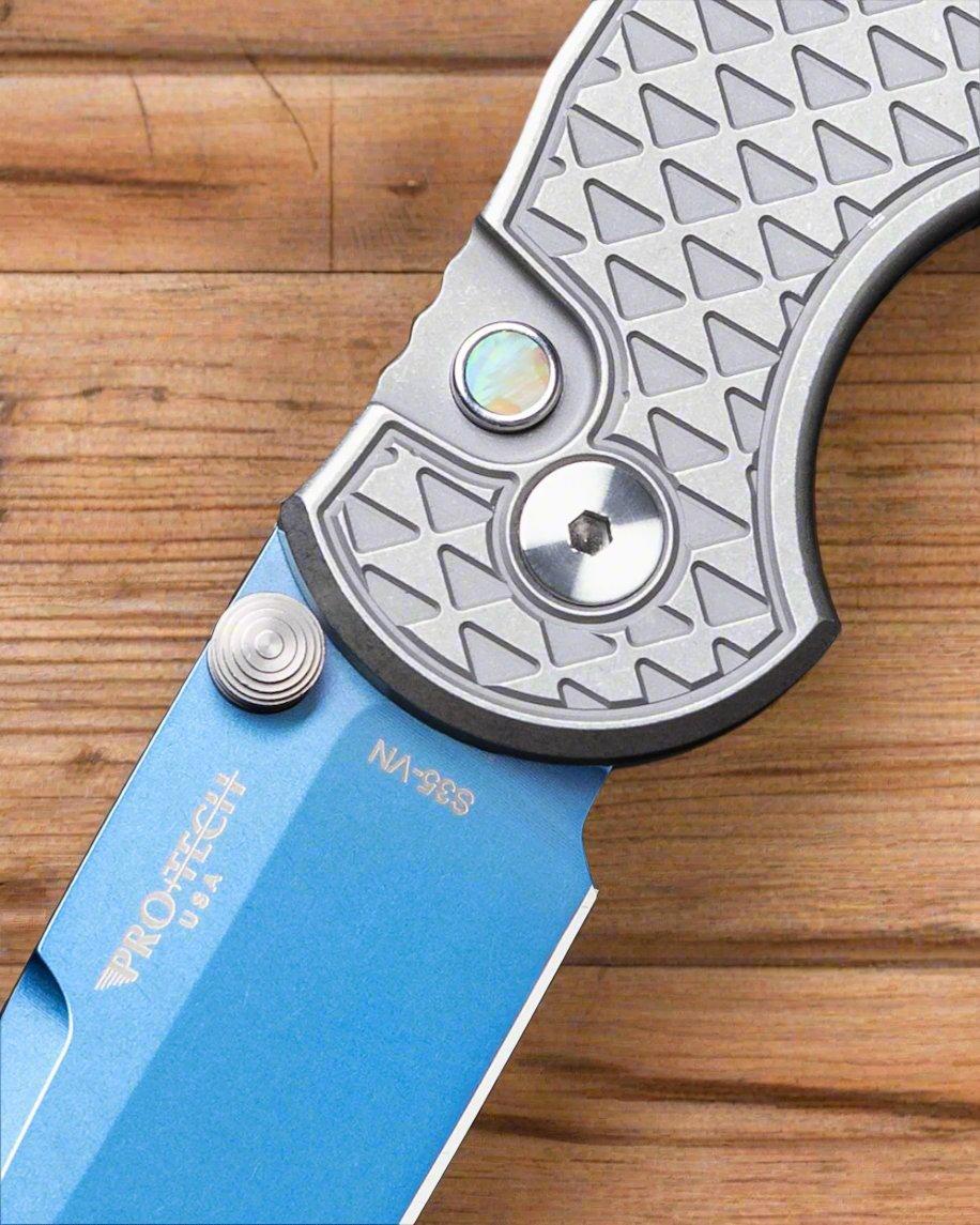 Pro-Tech-Pro-Tech Custom Steel TR-3 INTEGRITY Manual 003 - Relic Textured Blasted/Stonewashed 17-4 Steel Handle - Sapphire Blue s35vn Blade - Abalone Button - Blasted Wide Deep Carry Clip-2-Urban Cutlery