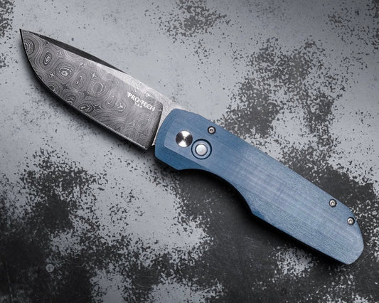Pro-Tech-Pro-Tech Custom Vero Synapse (2025 Synapse Custom 003) Auto - Black Aluminum and Blue Linen Micarta Handle - Chad Nichols Virus Damascus Blade - White Pearl Button - Satin Hardware - DLC Black Clip /50-Urban Cutlery