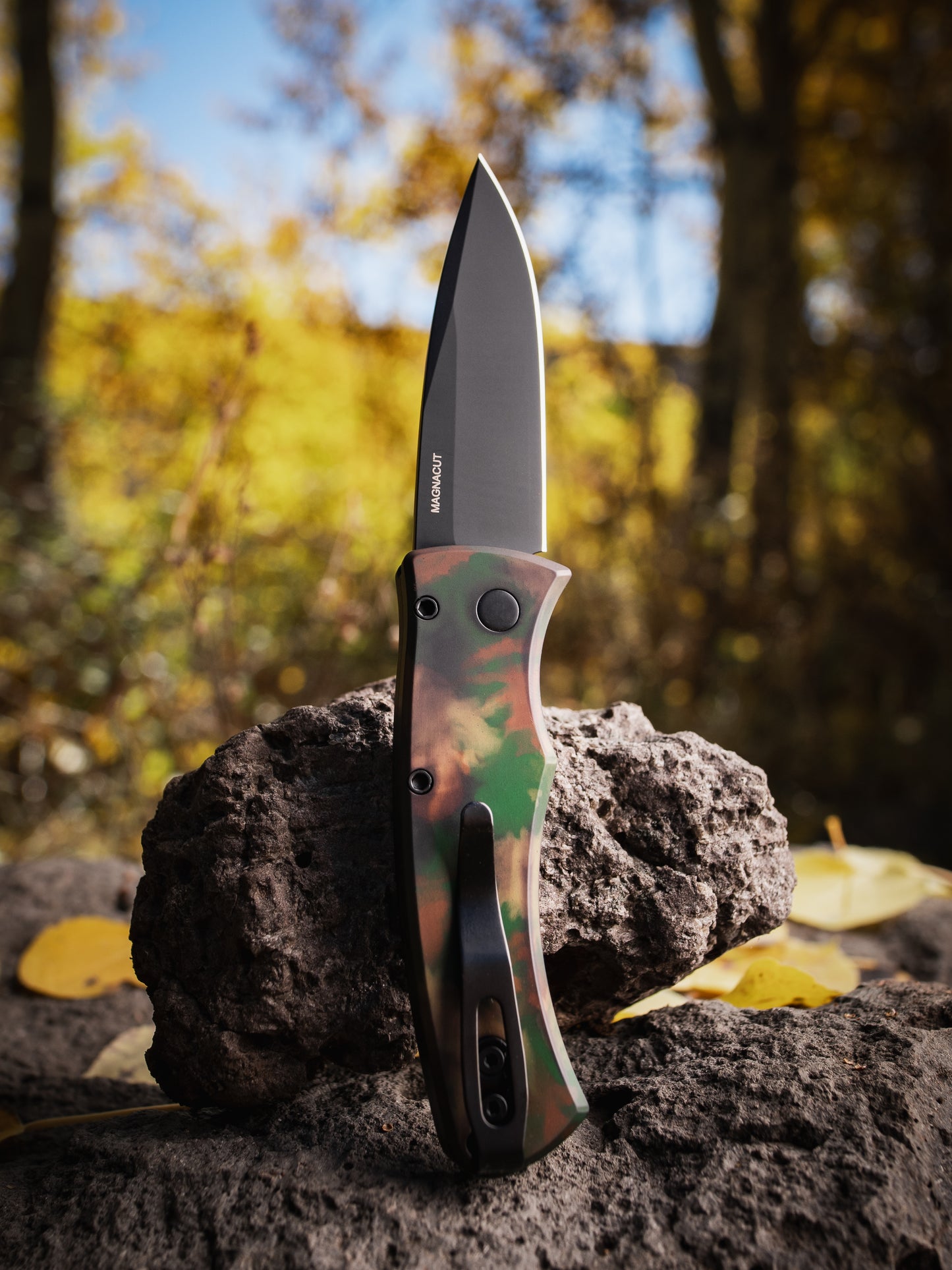 Pro-Tech-Pro-Tech DUKE2103.WOODLAND Duke AUTO - WOODLAND CAMO custom anodized 6061 Aluminum Handle - DLC Black Magnacut Blade - Black Lip Pearl Button - Black Hardware - Black Clip-Urban Cutlery