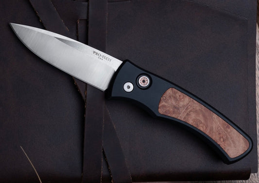 Pro-Tech-Pro-Tech DUKE.2110.Maple Duke AUTO - Black 6061 Aluminum Handle w/ Maple Burl Inlay - Machine Satin Magnacut Blade - Mosaic Pin Button-1-Urban Cutlery