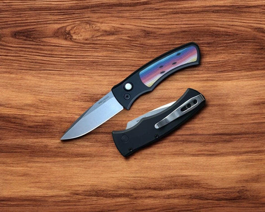 Pro-Tech-Pro-Tech DUKE.Unique.Micarta Duke AUTO - Black 6061 Aluminum Handle w/ Custom Unique Micarta Inlay - Magnacut Blade - Unique Button #1-1-Urban Cutlery