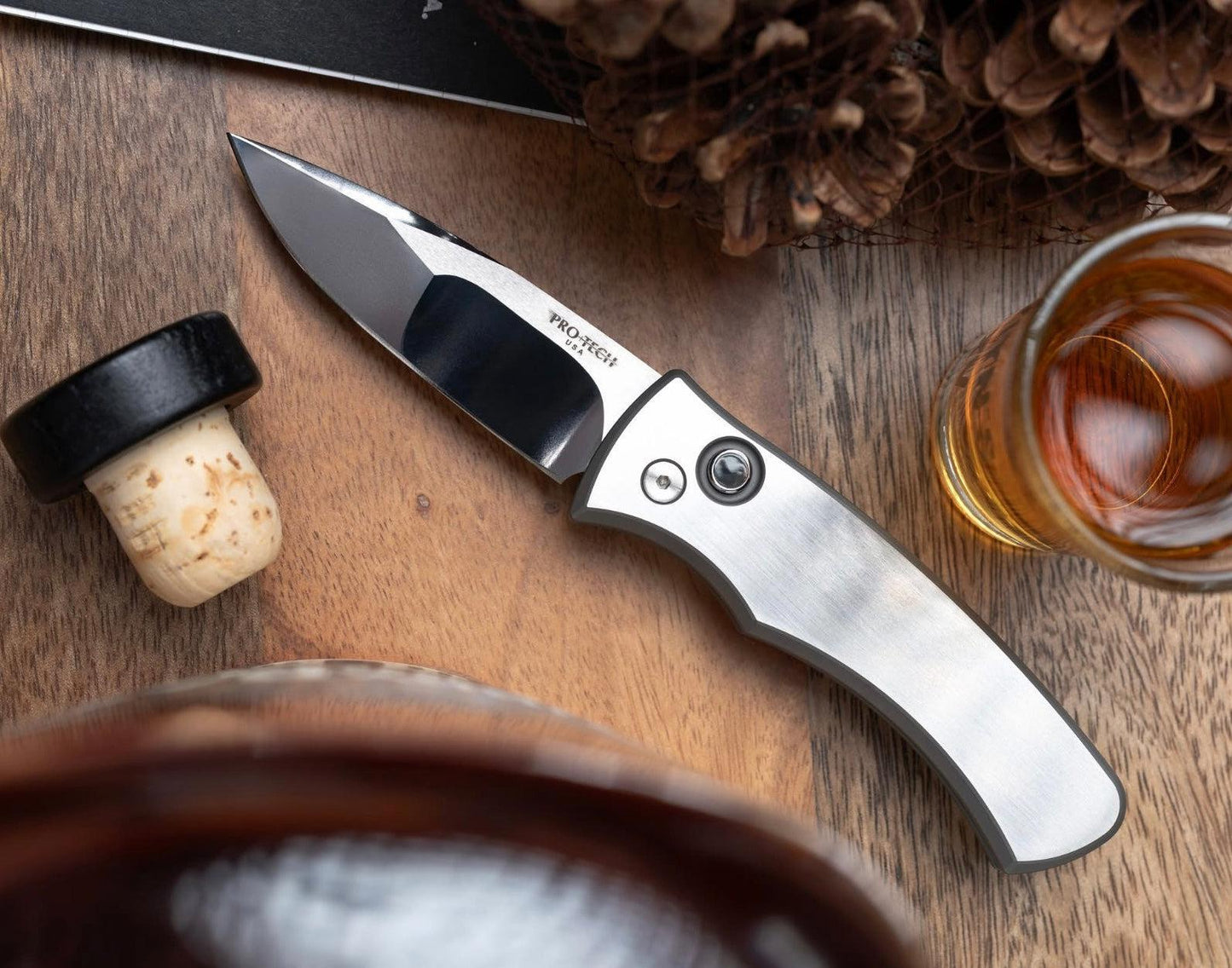 Pro-Tech-Pro-Tech Duke Custom 002 AUTO - 2-Tone 17-4 Steel Handle - Polished Mike Irie Compound Ground 154CM Blade - Pearl Button - Custom Clip-Urban Cutlery