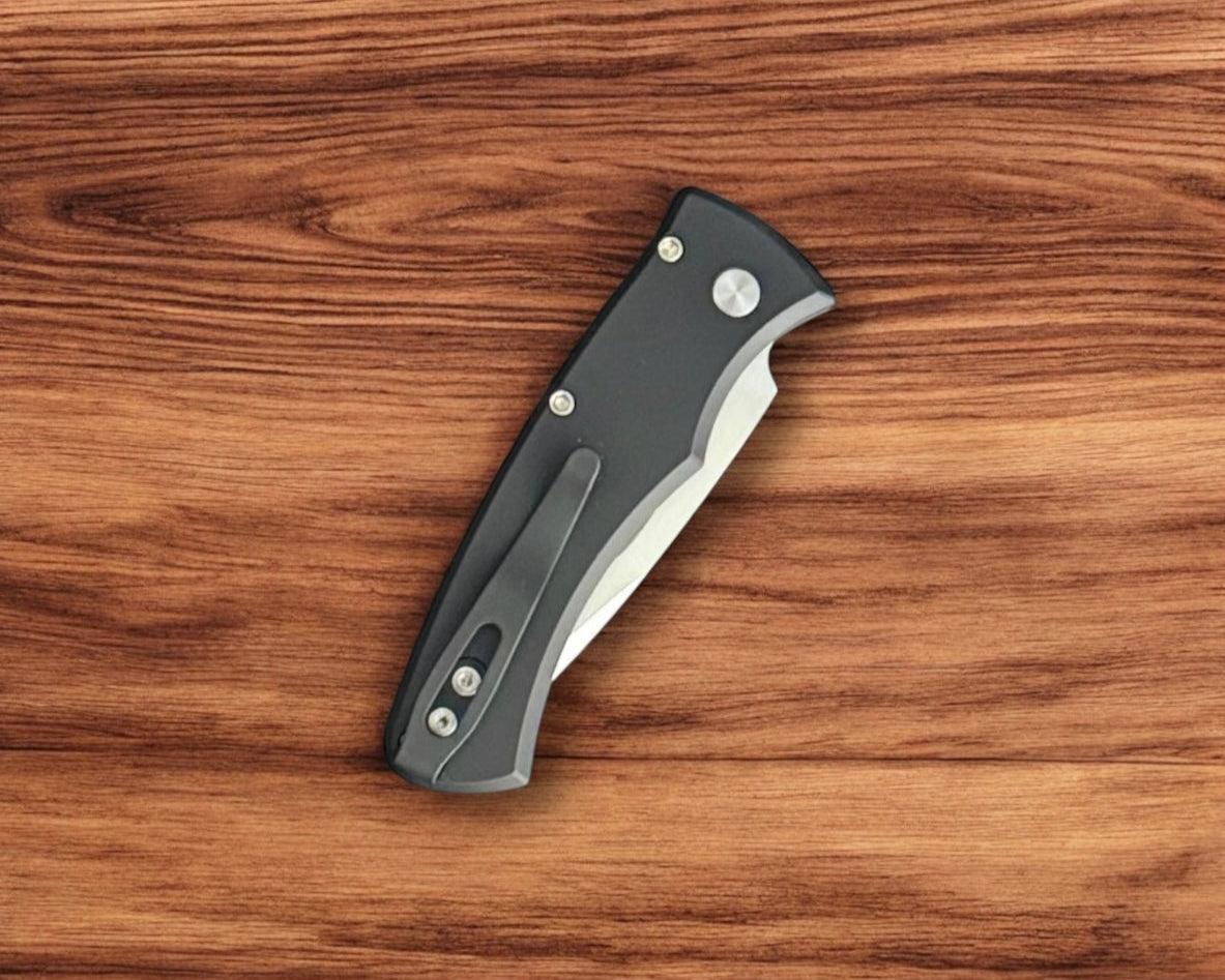 Pro-Tech-Pro-Tech Duke Custom 003 AUTO - Black 6061 Aluminum Handle - Polished Mike Irie Compound Ground 154CM Blade - Black Lip Pearl Button - Custom Clip-Urban Cutlery