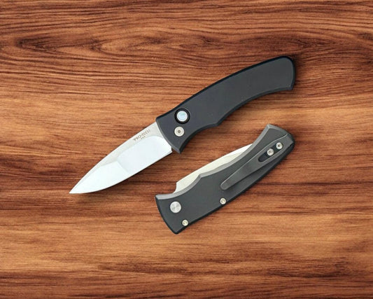 Pro-Tech-Pro-Tech Duke Custom 003 AUTO - Black 6061 Aluminum Handle - Polished Mike Irie Compound Ground 154CM Blade - Black Lip Pearl Button - Custom Clip-Urban Cutlery