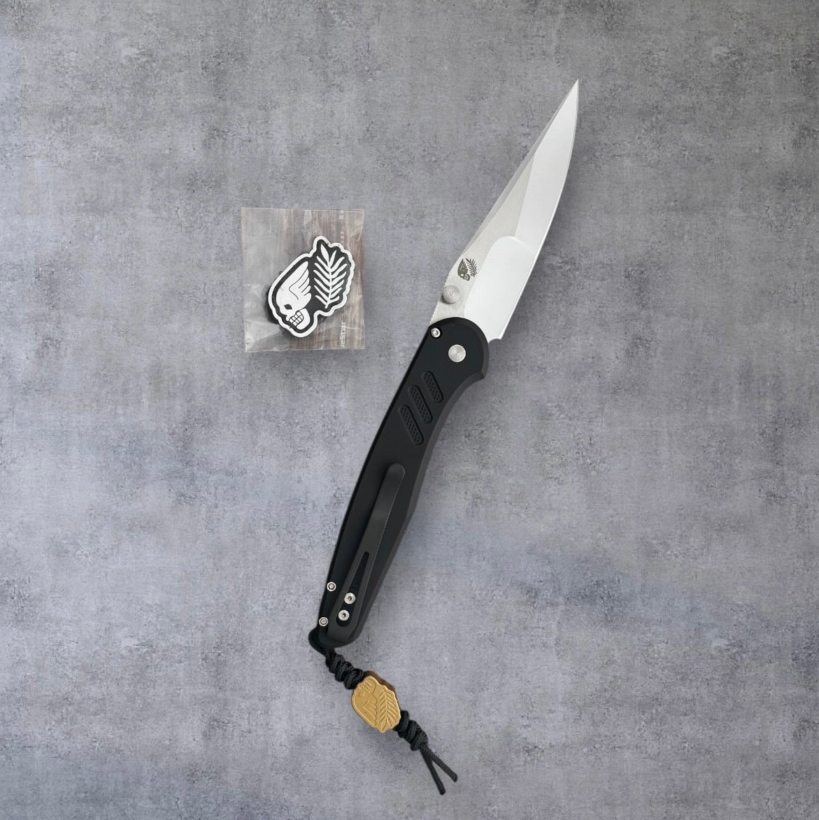 Pro-Tech-Pro-Tech Duke x Peace Neighbor Avalon 1st Production - Textured Black 6061 Aluminum Handle - Polished Mike Irie Compound Ground 154CM Blade - Mosaic Button - Peace Neighbor Bead & Patch Included-Urban Cutlery