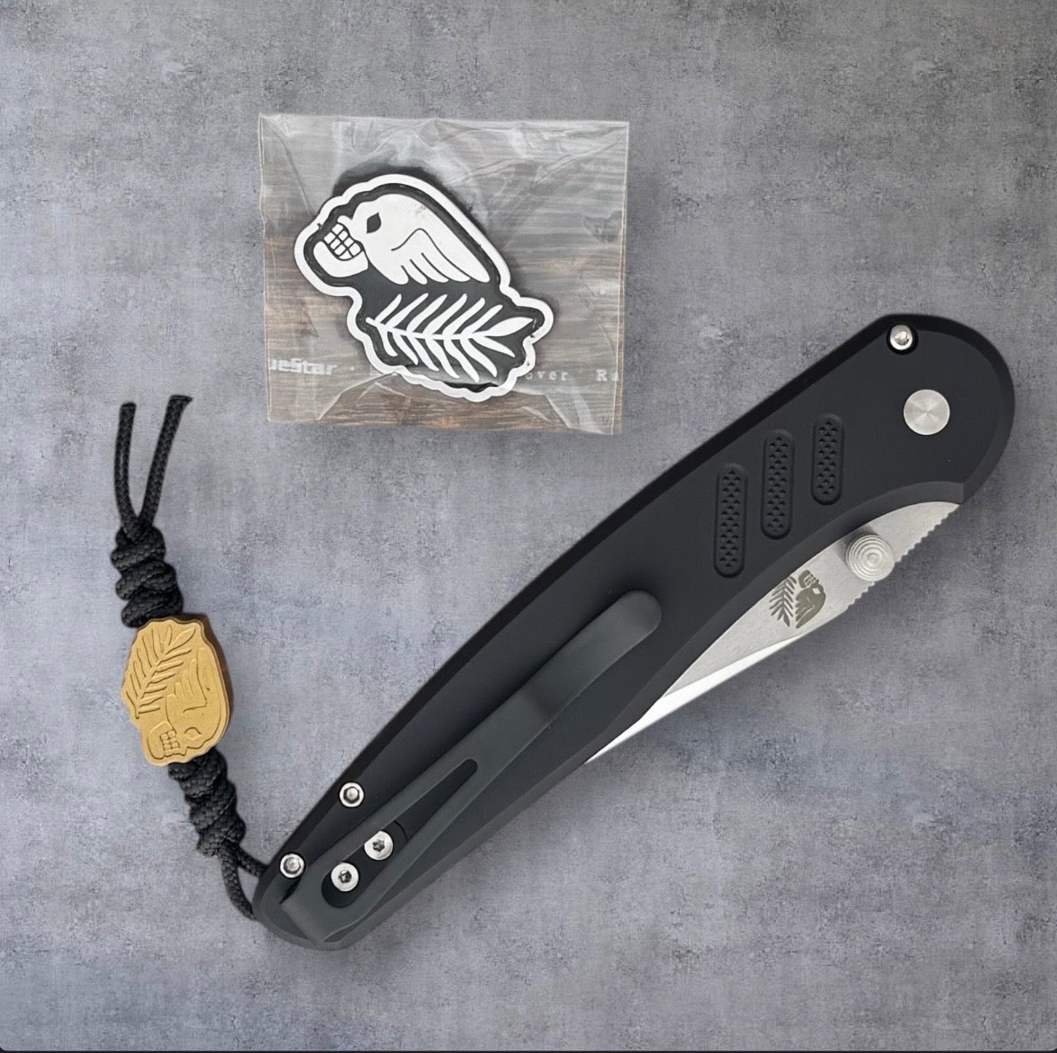 Pro-Tech-Pro-Tech Duke x Peace Neighbor Avalon 1st Production - Textured Black 6061 Aluminum Handle - Polished Mike Irie Compound Ground 154CM Blade - Mosaic Button - Peace Neighbor Bead & Patch Included-Urban Cutlery