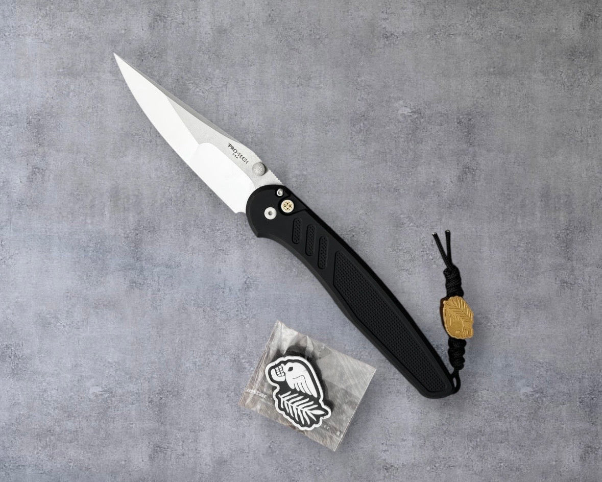 Pro-Tech-Pro-Tech Duke x Peace Neighbor Avalon 1st Production - Textured Black 6061 Aluminum Handle - Polished Mike Irie Compound Ground 154CM Blade - Mosaic Button - Peace Neighbor Bead & Patch Included-Urban Cutlery