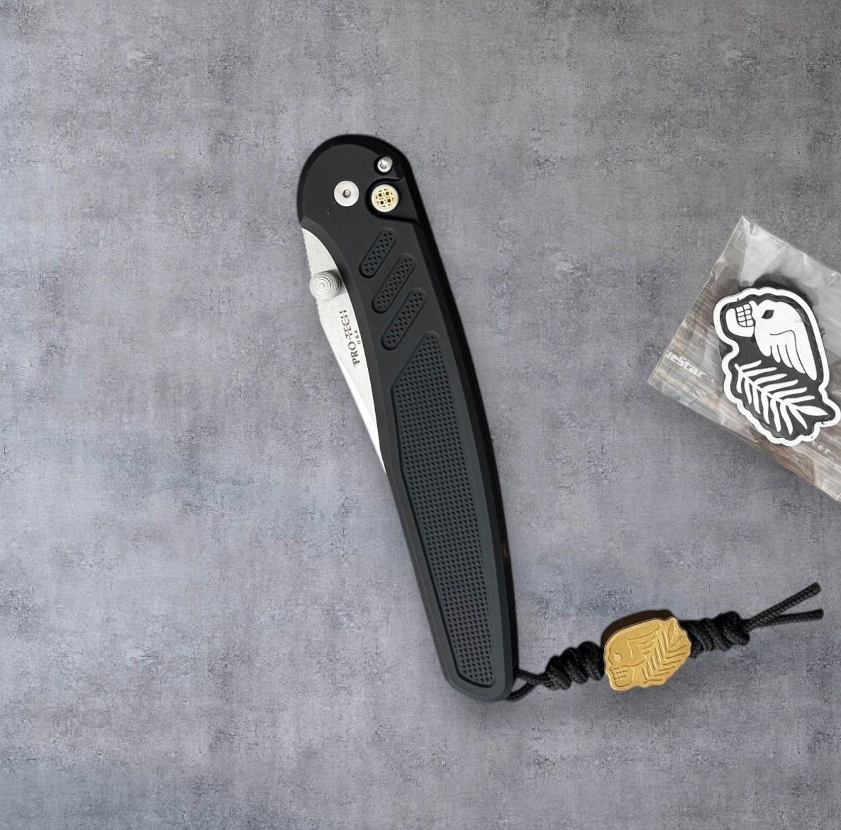 Pro-Tech-Pro-Tech Duke x Peace Neighbor Avalon 1st Production - Textured Black 6061 Aluminum Handle - Polished Mike Irie Compound Ground 154CM Blade - Mosaic Button - Peace Neighbor Bead & Patch Included-4-Urban Cutlery