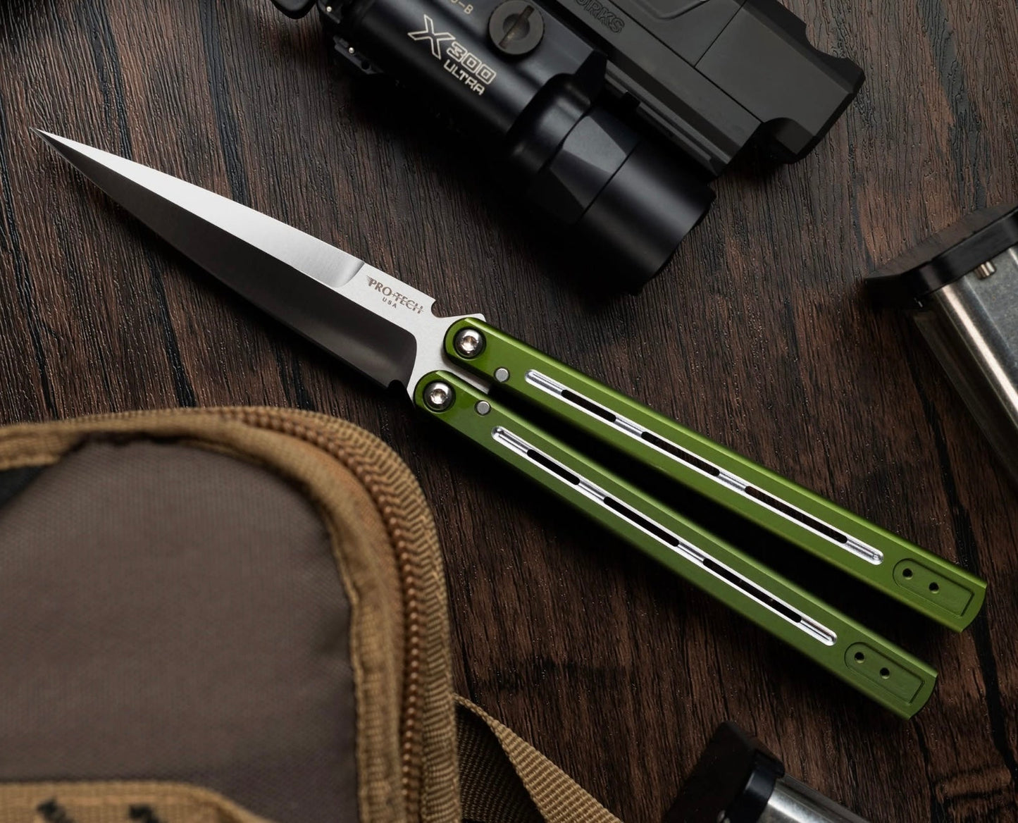 Pro-Tech-Pro-Tech FF2101-Green FlyFather 2 Balisong Butterfly Knife Green Aluminum-1-Urban Cutlery