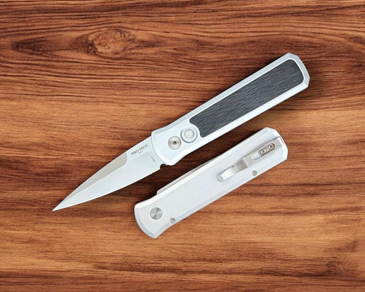 Pro-Tech-Pro-Tech Godson 7210-Silver Crosscut 20CV AUTO - Silver Handle w/ Black Crosscut Carbon Fiber Inlay - Satin 20CV Blade - Black Lip Pearl Button - Satin Hardware-1-Urban Cutlery