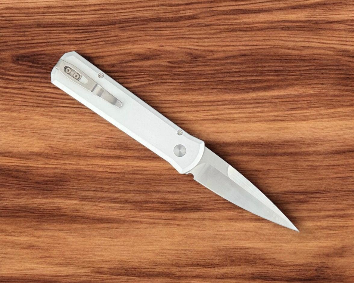 Pro-Tech-Pro-Tech Godson 7210-Silver Crosscut 20CV AUTO - Silver Handle w/ Black Crosscut Carbon Fiber Inlay - Satin 20CV Blade - Black Lip Pearl Button - Satin Hardware-3-Urban Cutlery