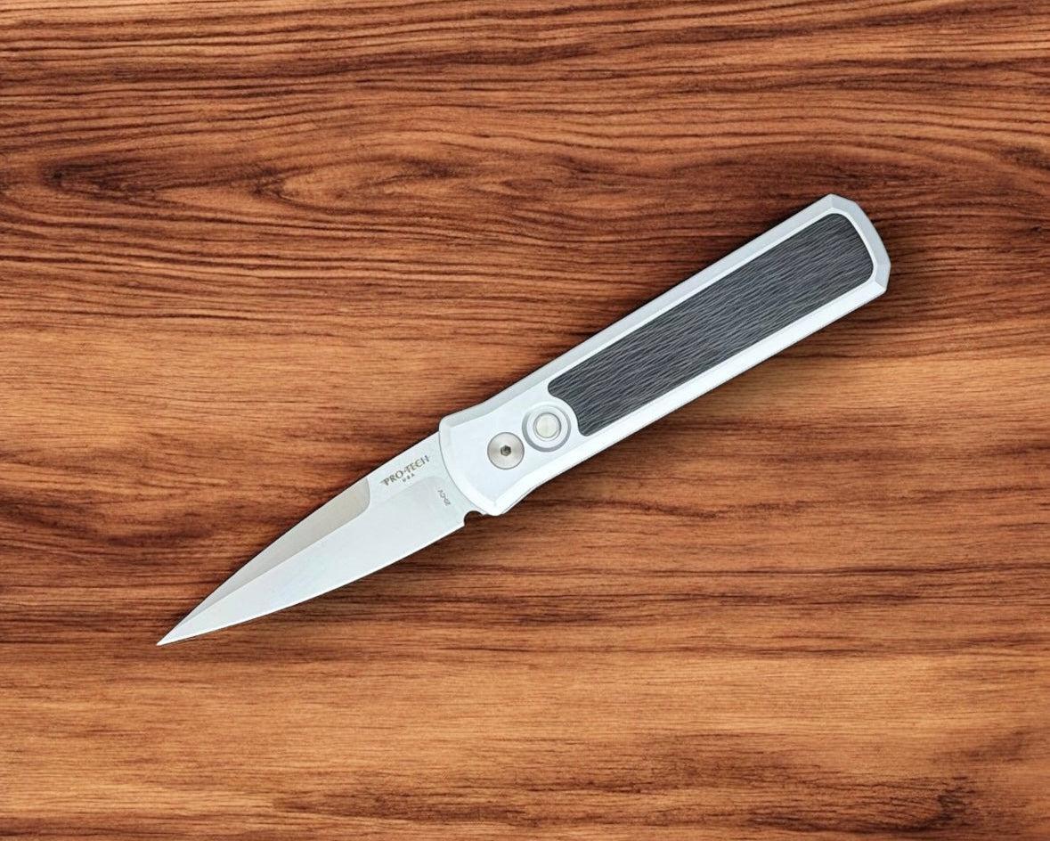Pro-Tech-Pro-Tech Godson 7210-Silver Crosscut 20CV AUTO - Silver Handle w/ Black Crosscut Carbon Fiber Inlay - Satin 20CV Blade - Black Lip Pearl Button - Satin Hardware-Urban Cutlery
