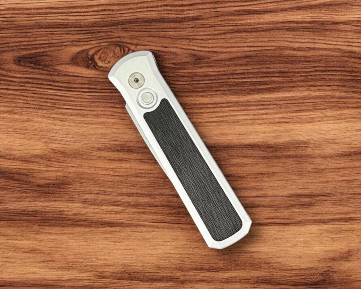 Pro-Tech-Pro-Tech Godson 7210-Silver Crosscut 20CV AUTO - Silver Handle w/ Black Crosscut Carbon Fiber Inlay - Satin 20CV Blade - Black Lip Pearl Button - Satin Hardware-Urban Cutlery