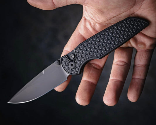 Pro-Tech-Pro-Tech INT106-Operator TR-3 INTEGRITY Manual - OPERATOR EDITION - Relic Textured Black Handle - Sterile DLC Black s35vn Blade - Tritium Button - Black Wide Deep Carry Clip-Urban Cutlery