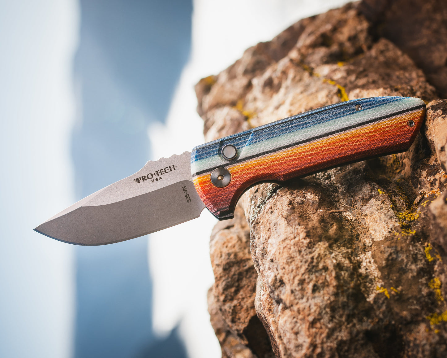 Pro-Tech-Pro-Tech LG421.Mex.Blanket Les George SBR AUTO - Custom "Mexican Blanket" Micarta Handle - Stonewash s35vn Blade - White Pearl Button-1-Urban Cutlery