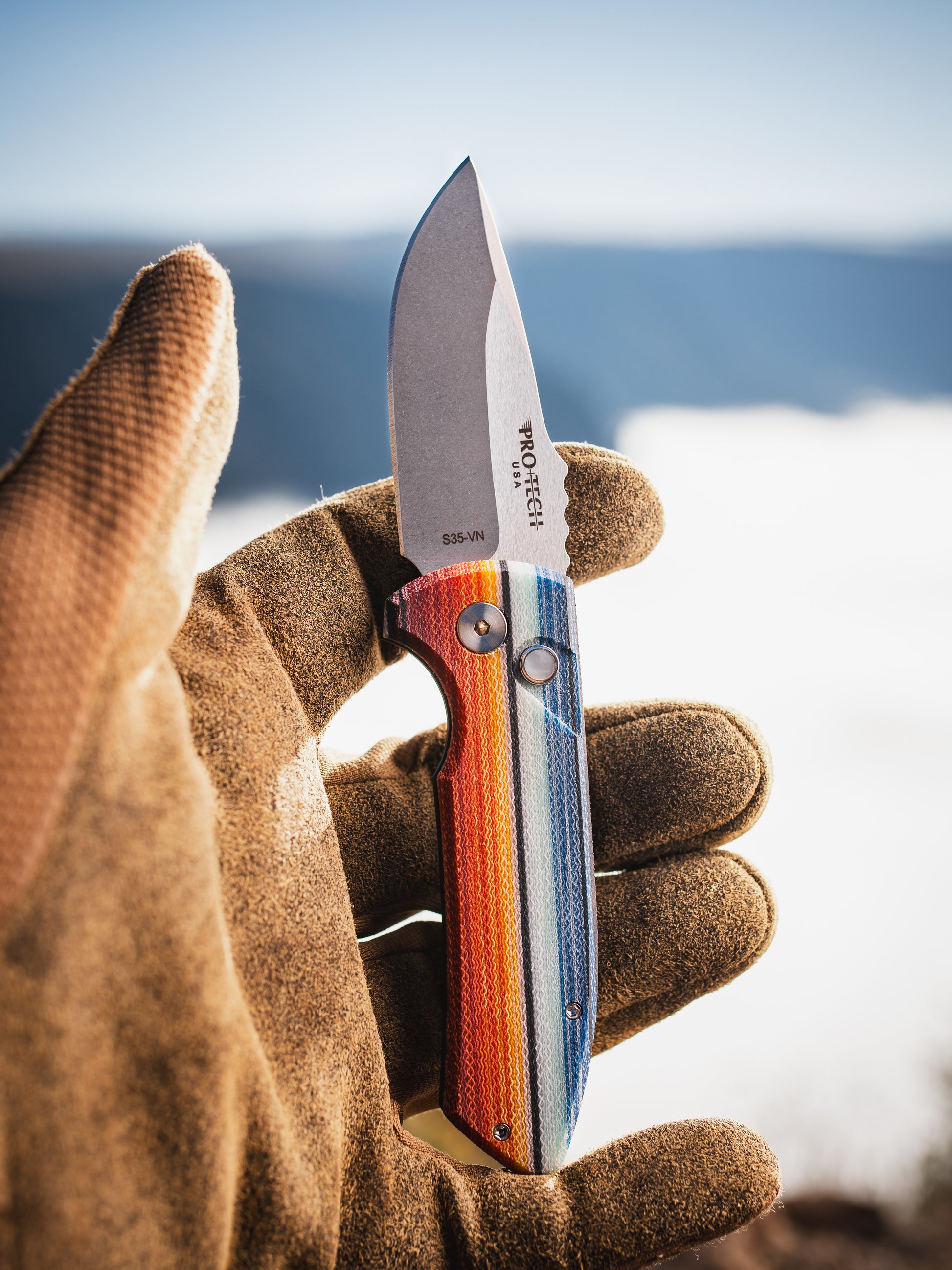 Pro-Tech-Pro-Tech LG421.Mex.Blanket Les George SBR AUTO - Custom "Mexican Blanket" Micarta Handle - Stonewash s35vn Blade - White Pearl Button-2-Urban Cutlery