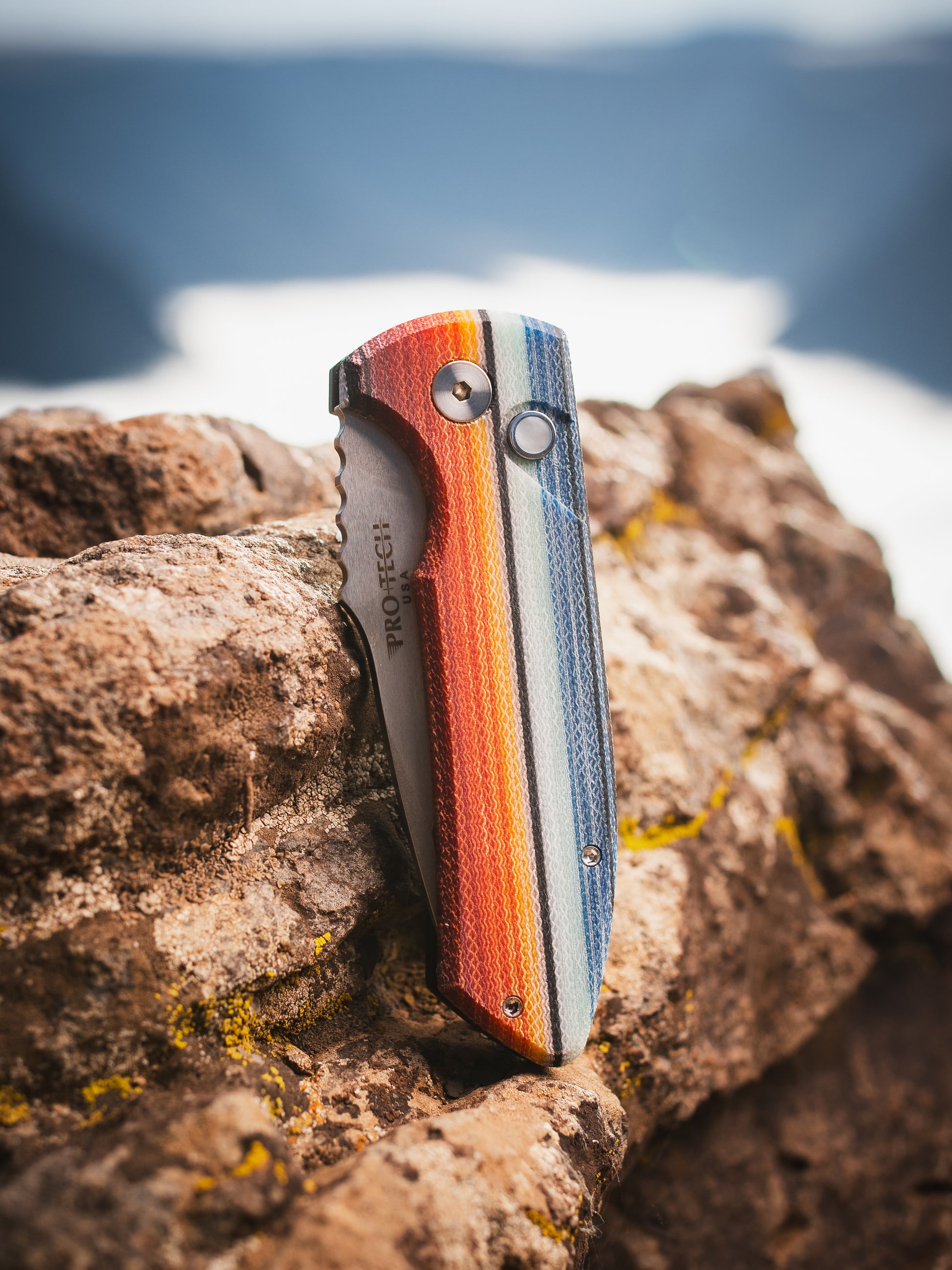 Pro-Tech-Pro-Tech LG421.Mex.Blanket Les George SBR AUTO - Custom "Mexican Blanket" Micarta Handle - Stonewash s35vn Blade - White Pearl Button-Urban Cutlery