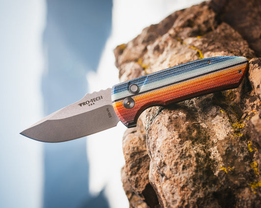 Pro-Tech-Pro-Tech LG421.Mex.Blanket Les George SBR AUTO - Custom "Mexican Blanket" Micarta Handle - Stonewash s35vn Blade - White Pearl Button-Urban Cutlery