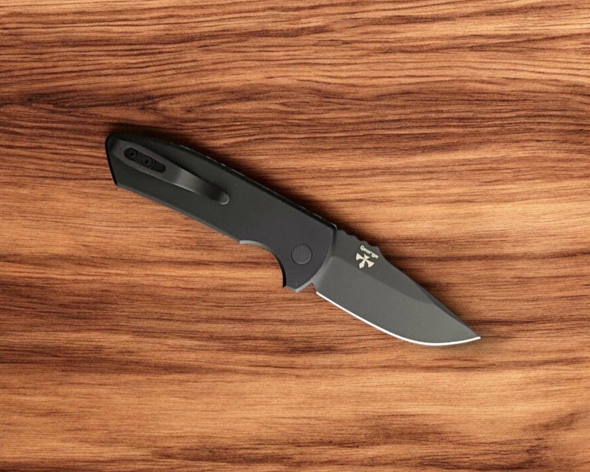 Pro-Tech-Pro-Tech Les George SBR AUTO - Custom "Starry Night" Micarta Handle - DLC Black s35vn Blade - Abalone Button-4-Urban Cutlery